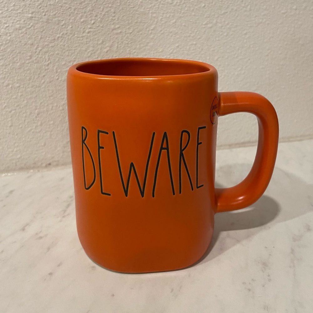 Rae Dunn Orange Halloween Beware Mug Double Sided NWT